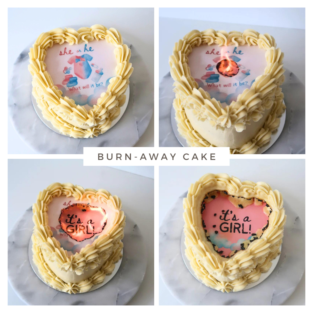 Burn-away cake reveal with hidden image