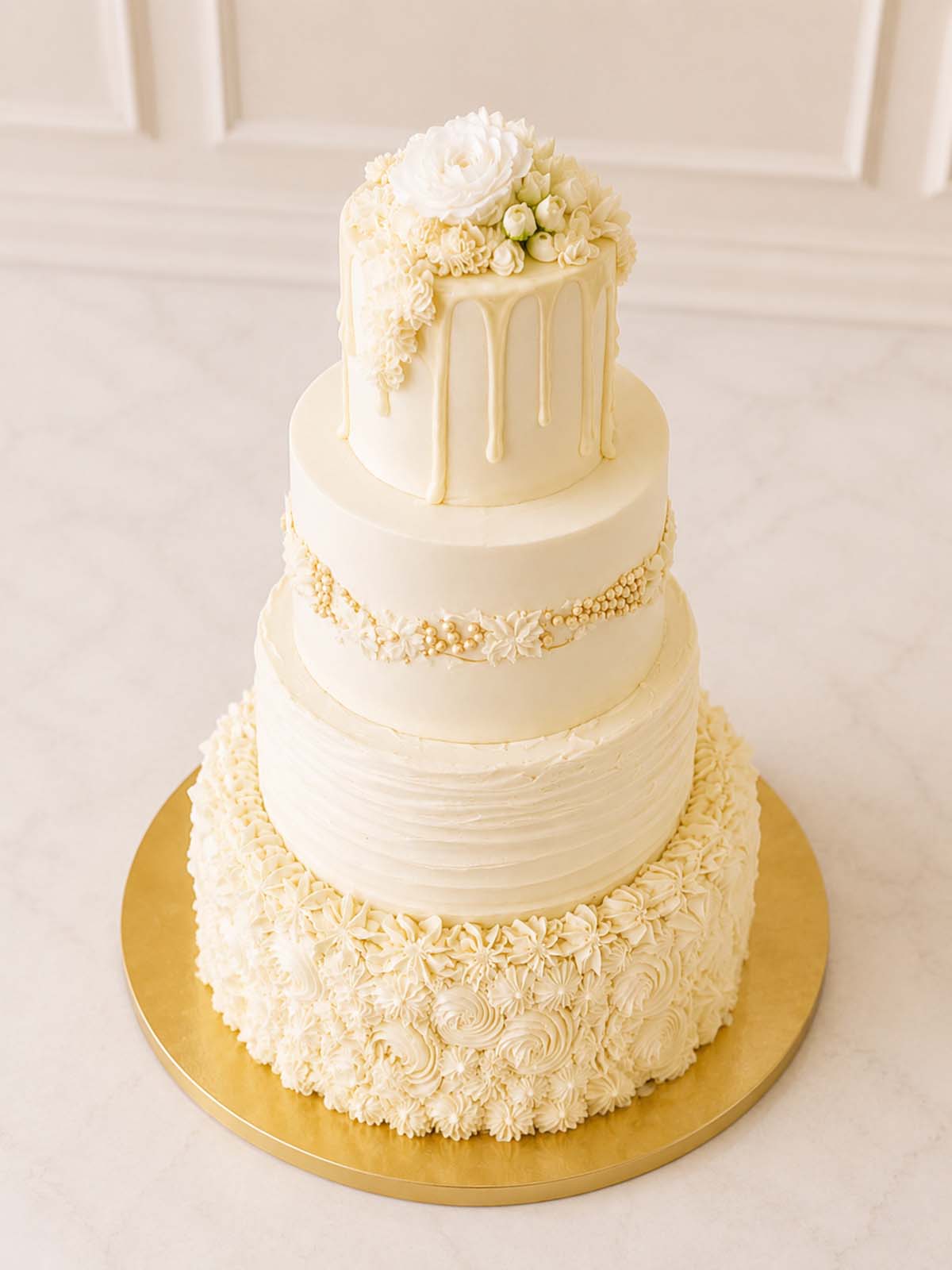 Three-tiered white wedding cake with floral decorations on a gold cake stand against a white background