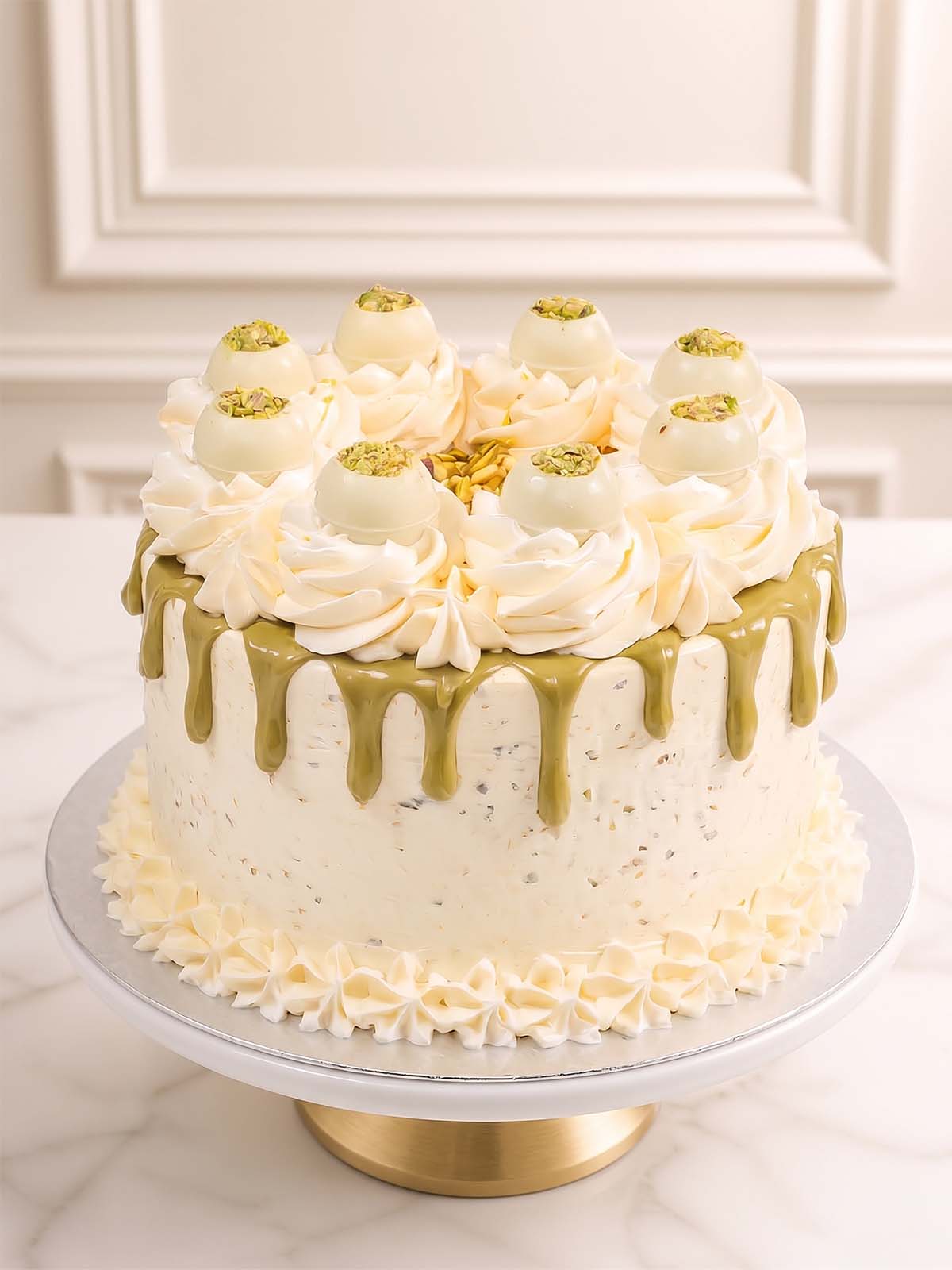 Pistachio cake with white frosting and gold accents and crushed pistachios available for delivery in London (M25) and Surrey (UK).