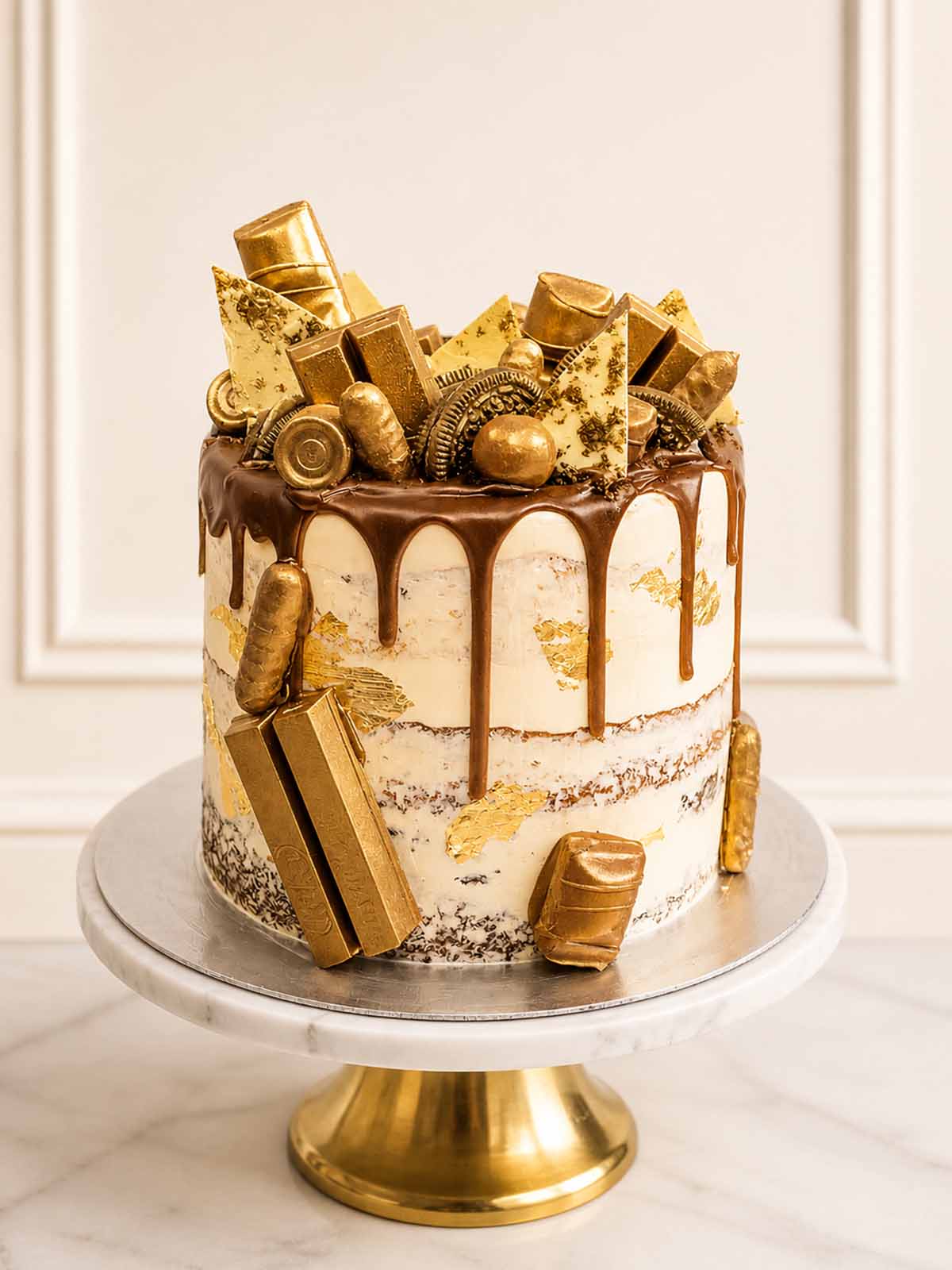 Golden treat cake with Kinder Bueno, gold leaf, and brownies, London and Surrey.