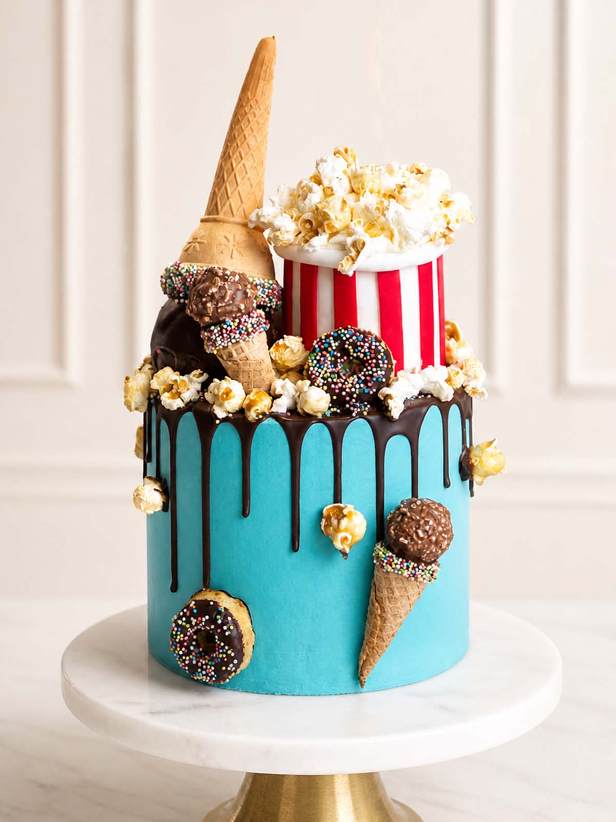Luxury cinema night cake with popcorn and ice cream cone, London & Surrey.