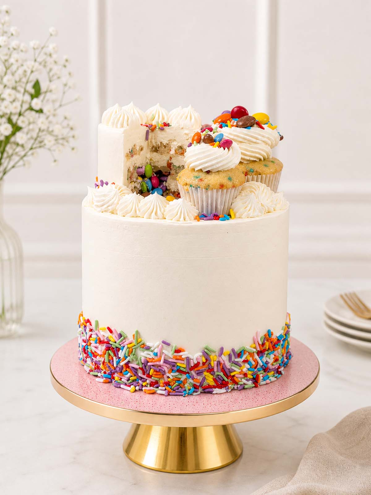 Luxury funfetti piñata cake with Smarties and mini cakes, London & Surrey.