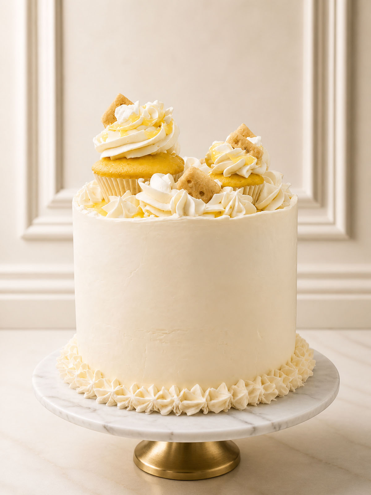 Luxury lemon meringue cake with lemon curd and shortbread, London and Surrey.