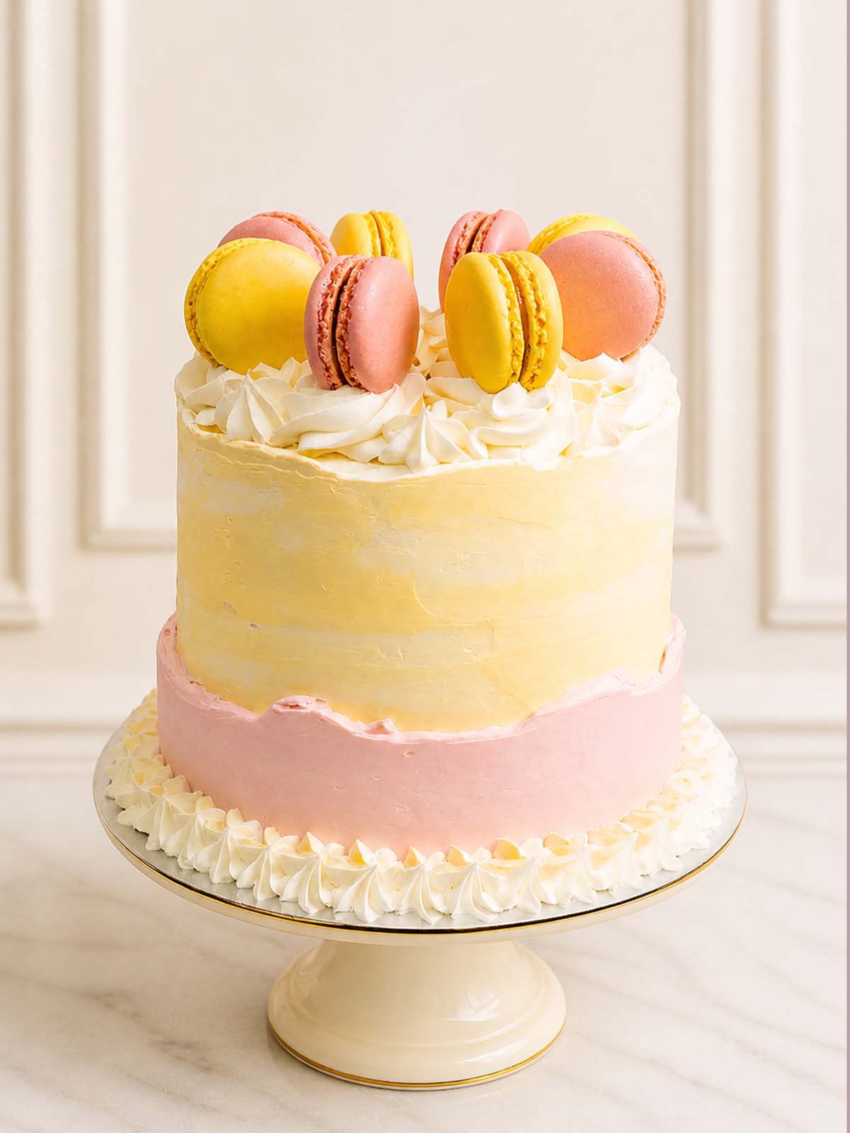 Luxury lemon raspberry fault line cake with macarons, London & Surrey.