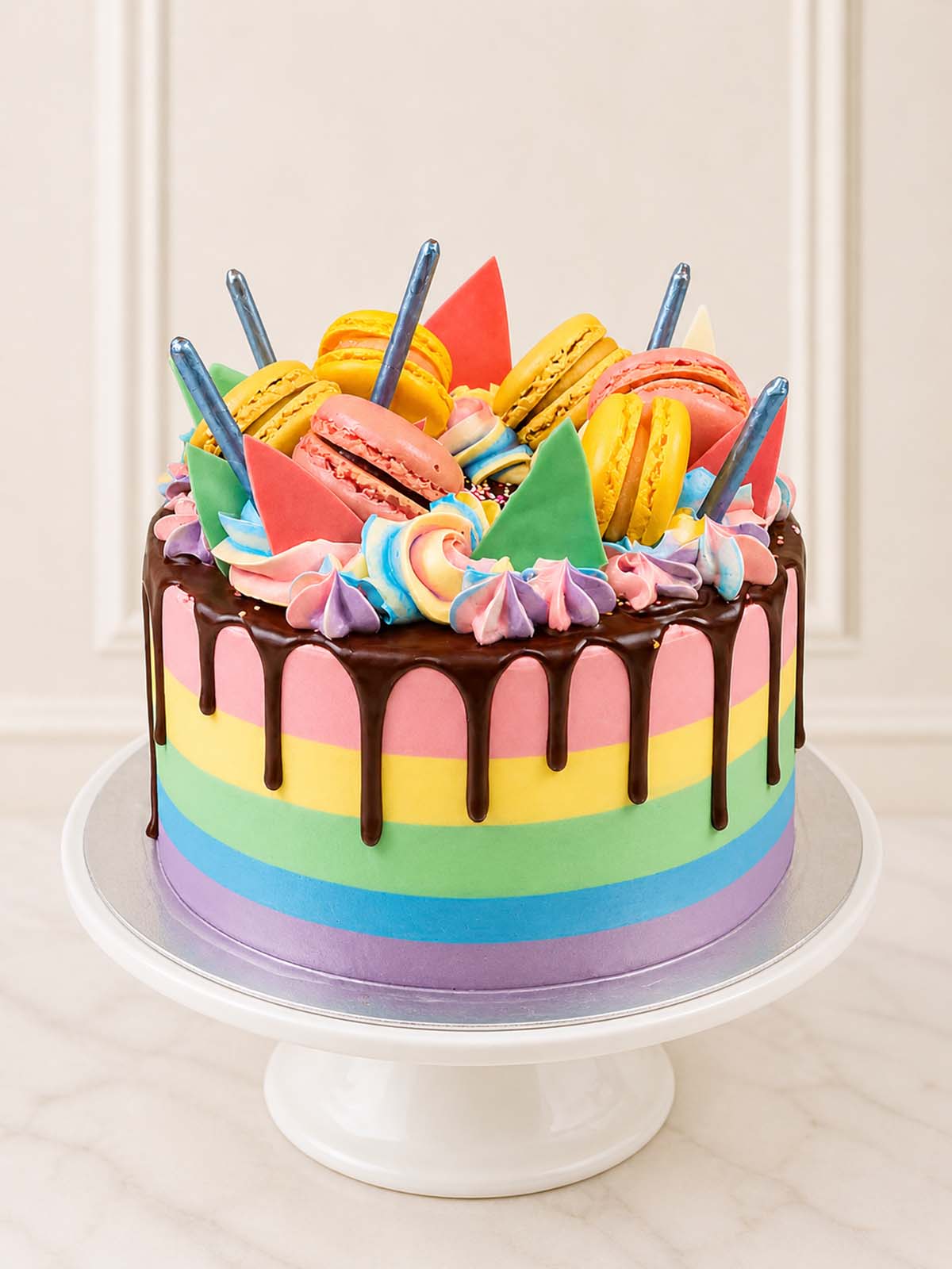 Luxury pastel rainbow vanilla cake with macarons and chocolate drip, London and Surrey.