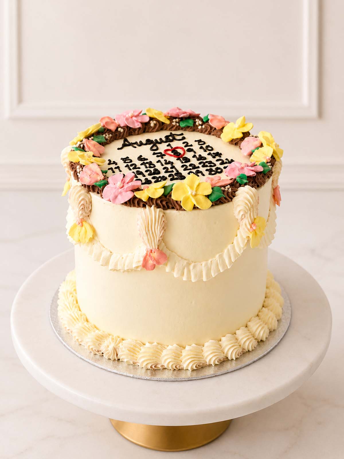 Luxury personalised calendar date cake with piped blossoms, London & Surrey.