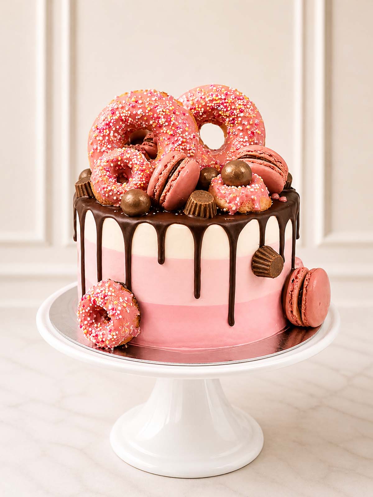 Luxury pink ombré vanilla cake with doughnuts and golden pearls, London and Surrey.