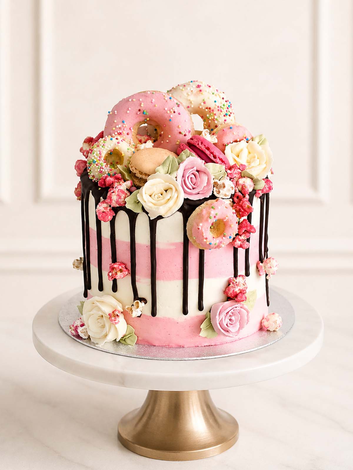 Luxury pink and white stripe vanilla cake with doughnuts, London & Surrey.