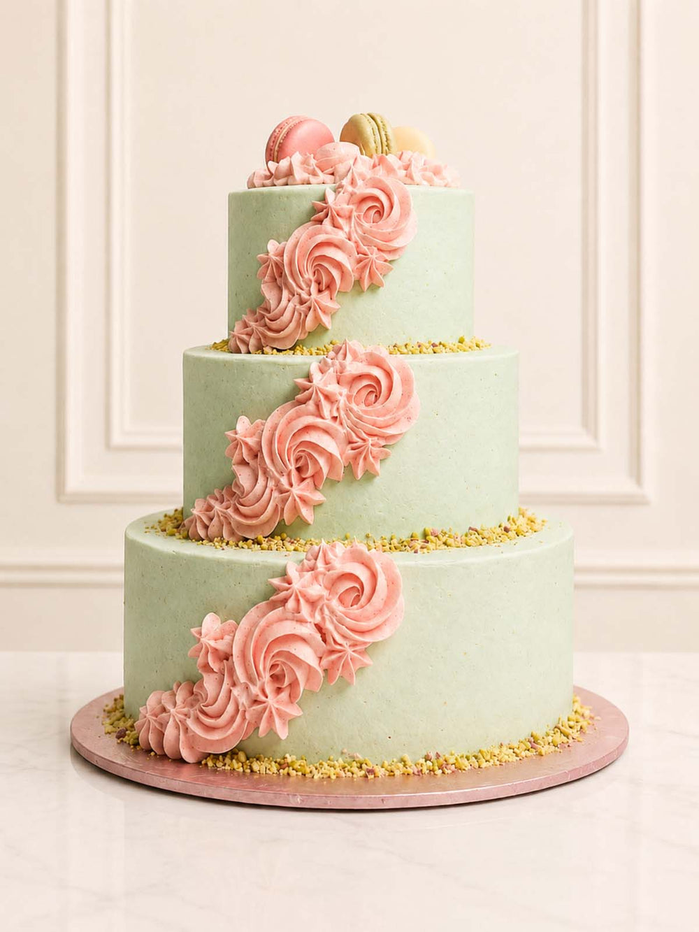 Pistachio Wedding Cake with Rosettes delivered in London and Surrey