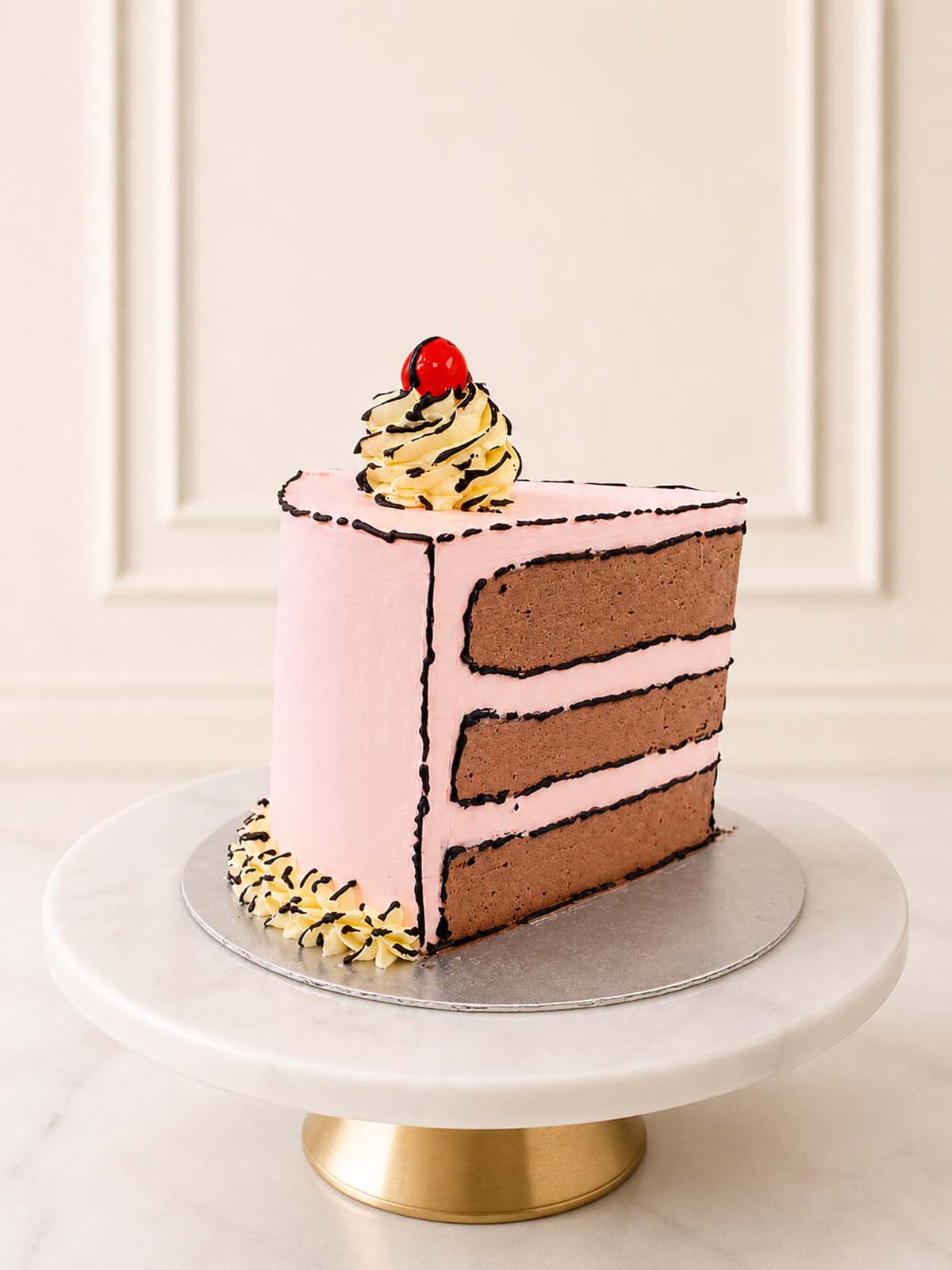 Whimsical 2D comic-style optical illusion cake shaped like a giant slice of chocolate cake, featuring graphic buttercream outlines and piped cherries. Delivered across Surrey.