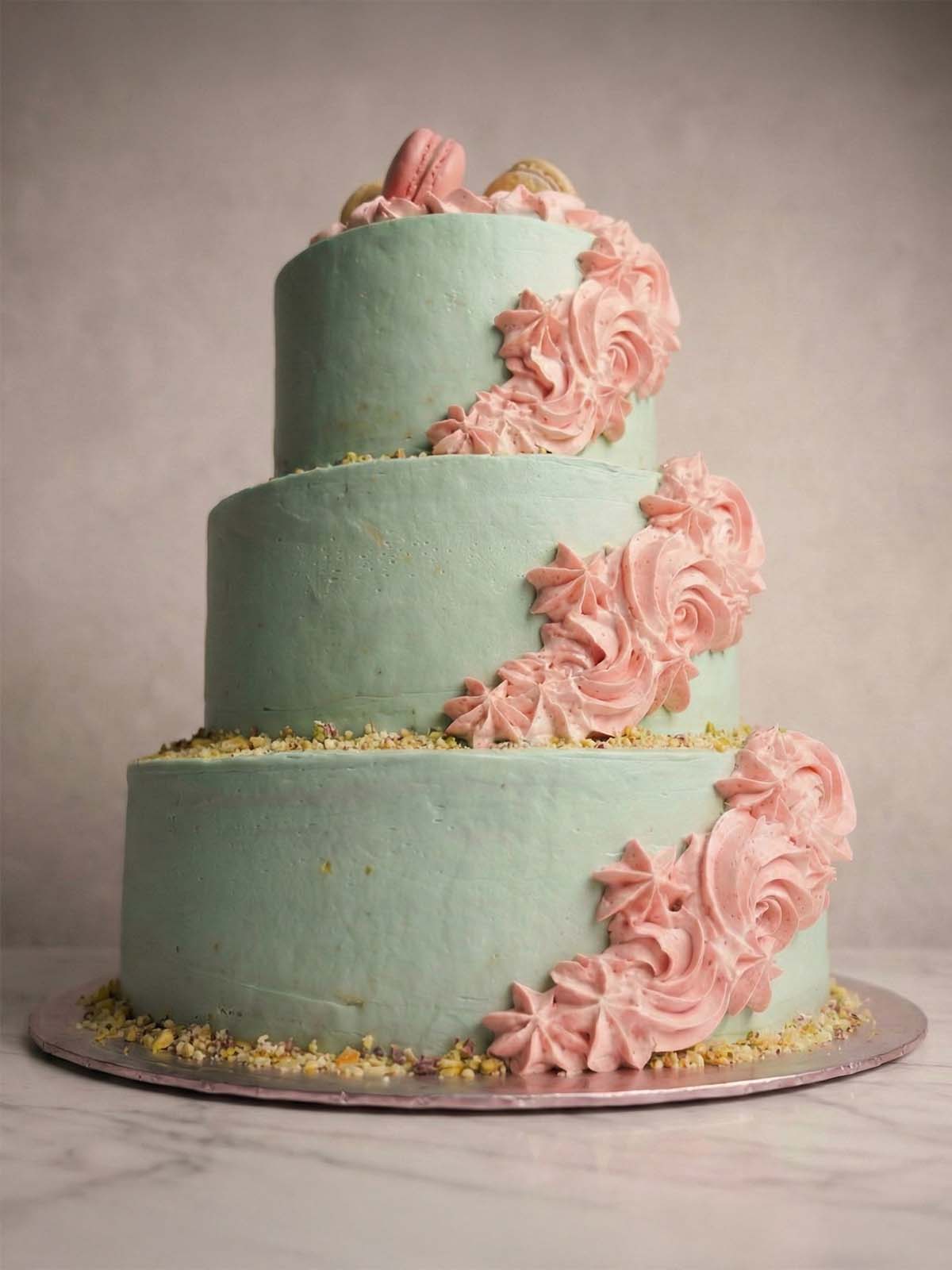 3 Tier Pistachio Cake with Pink Swirls
