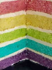 Five-layer vanilla rainbow birthday cake slice showing stacked coloured sponge layers, delivered in London