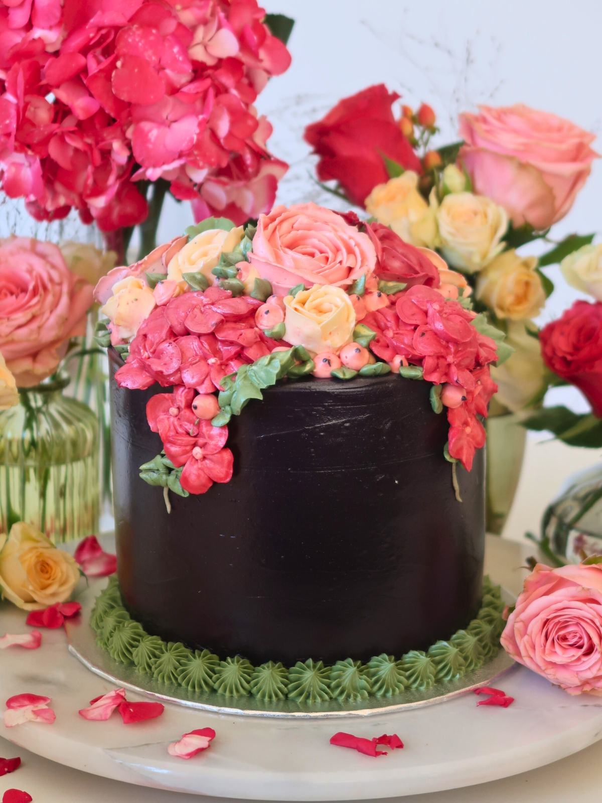 Black Hatbox Buttercream Bloom Cake