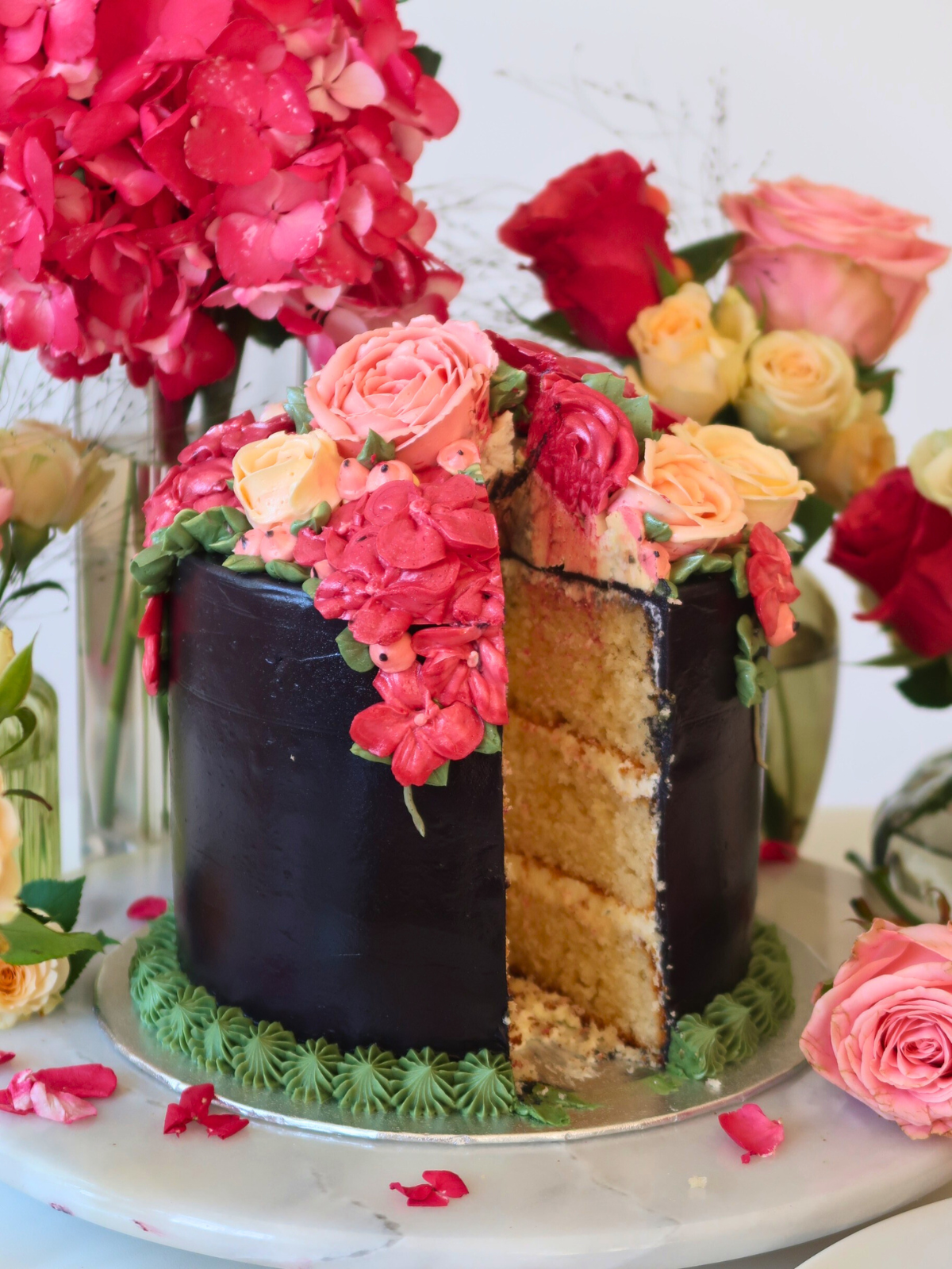 Black Hatbox Buttercream Bloom Cake Cut