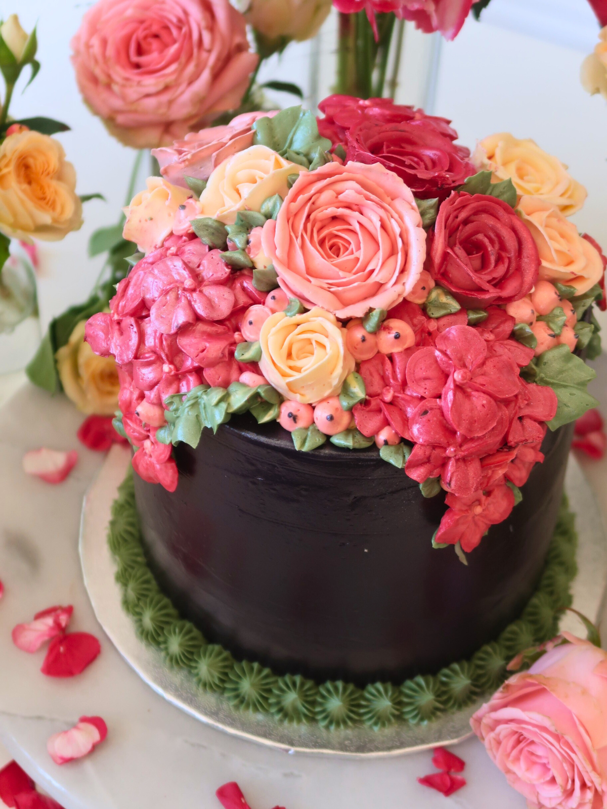 Black Hatbox Buttercream Bloom Cake delivered in London Surrey