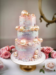 Three-tier cake with pastel watercolor frosting, gold pearls, and small white sprinkles, surrounded by pink roses