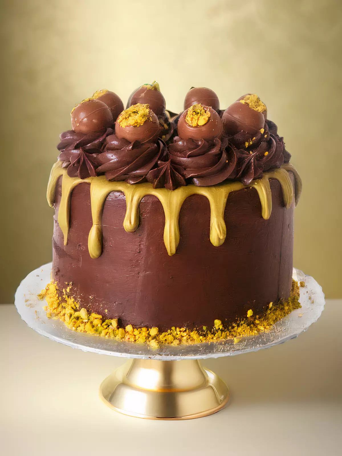 Chocolate pistachio truffle cake with rich chocolate sponge and pistachio buttercream, available for cake delivery in London