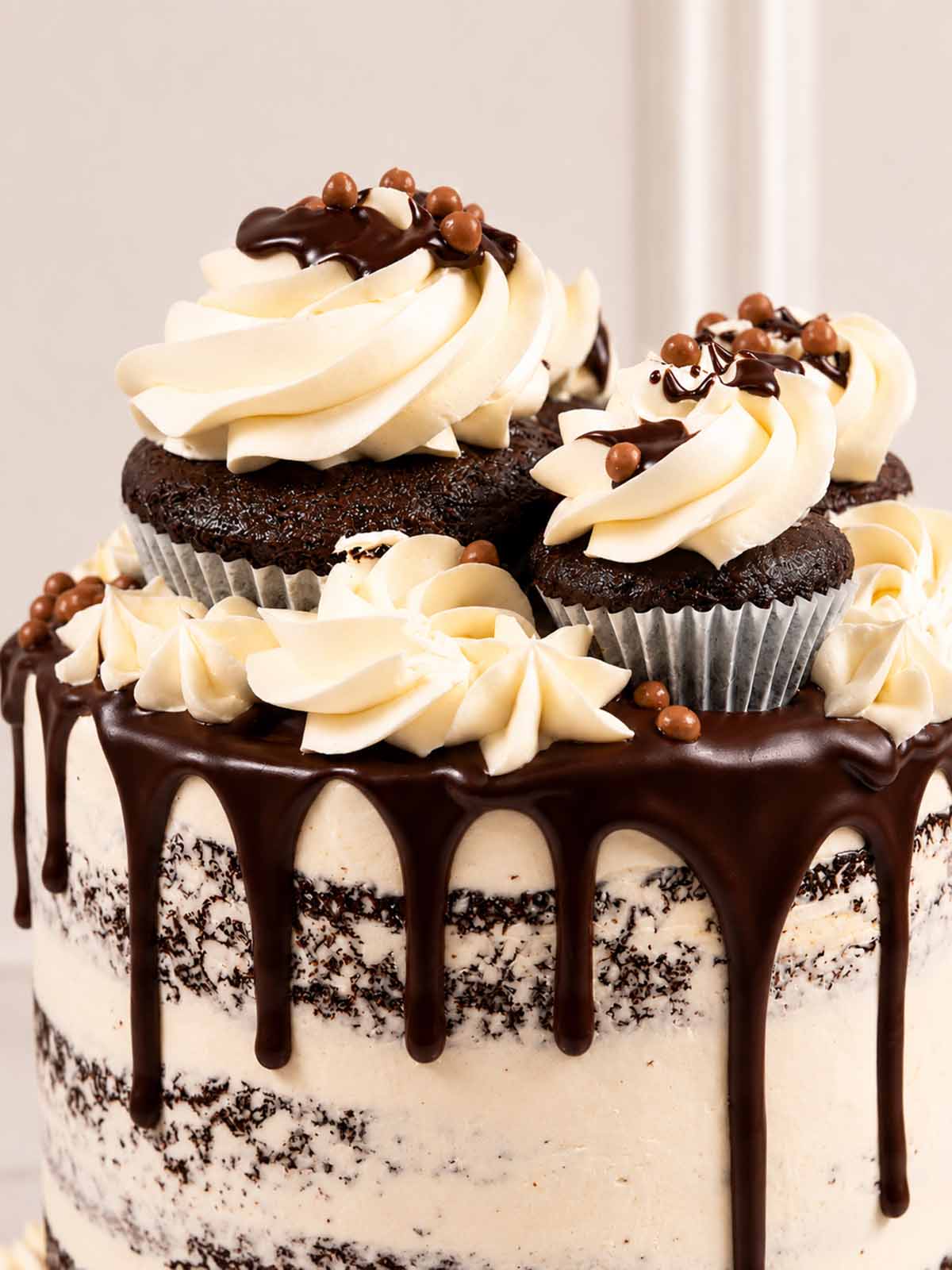 Close-up of Chocolate Guinness cake with buttercream swirls, chocolate ganache and crisp pearls