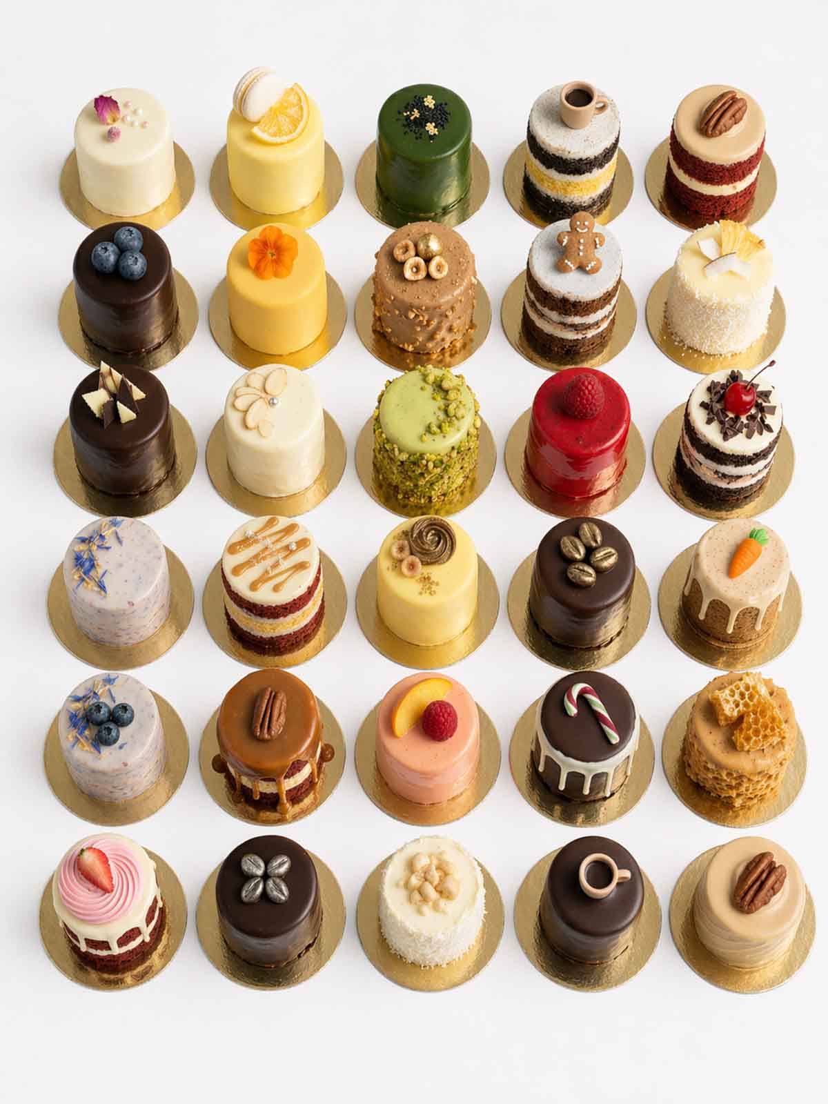 An assortment of 30 mini cakes, each with unique toppings and designs, arranged in rows on a white surface