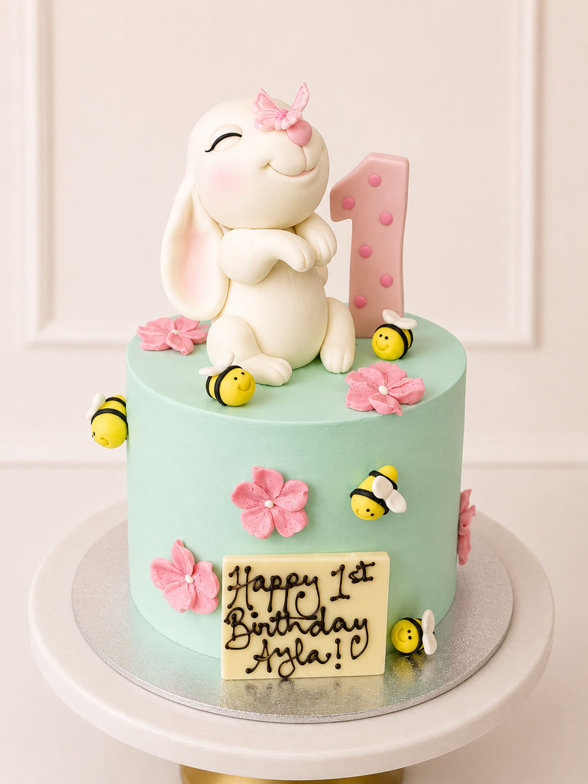 Custom Bunny and Bees 1st Birthday Cake