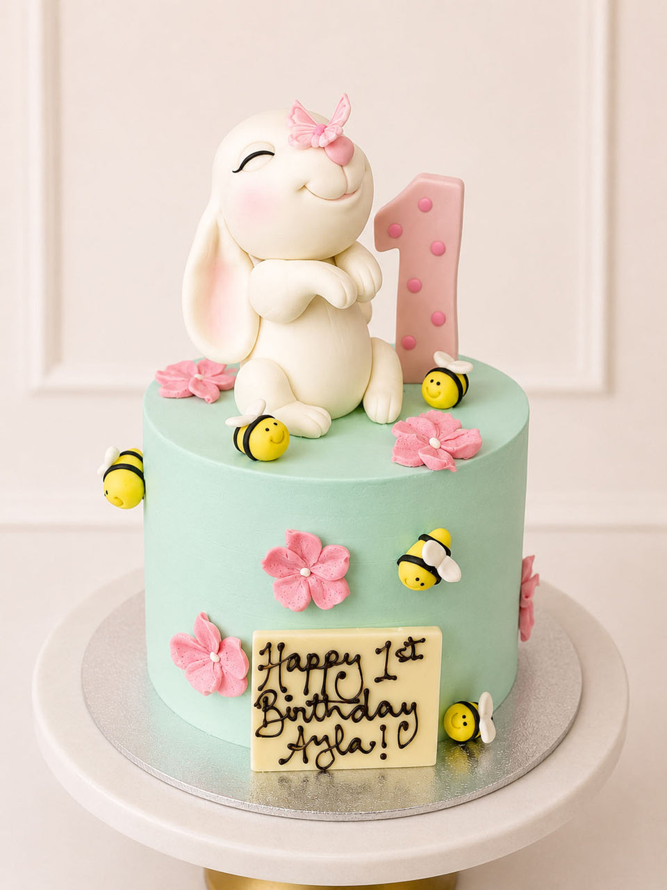 Custom Bunny and Bees 1st Birthday Cake