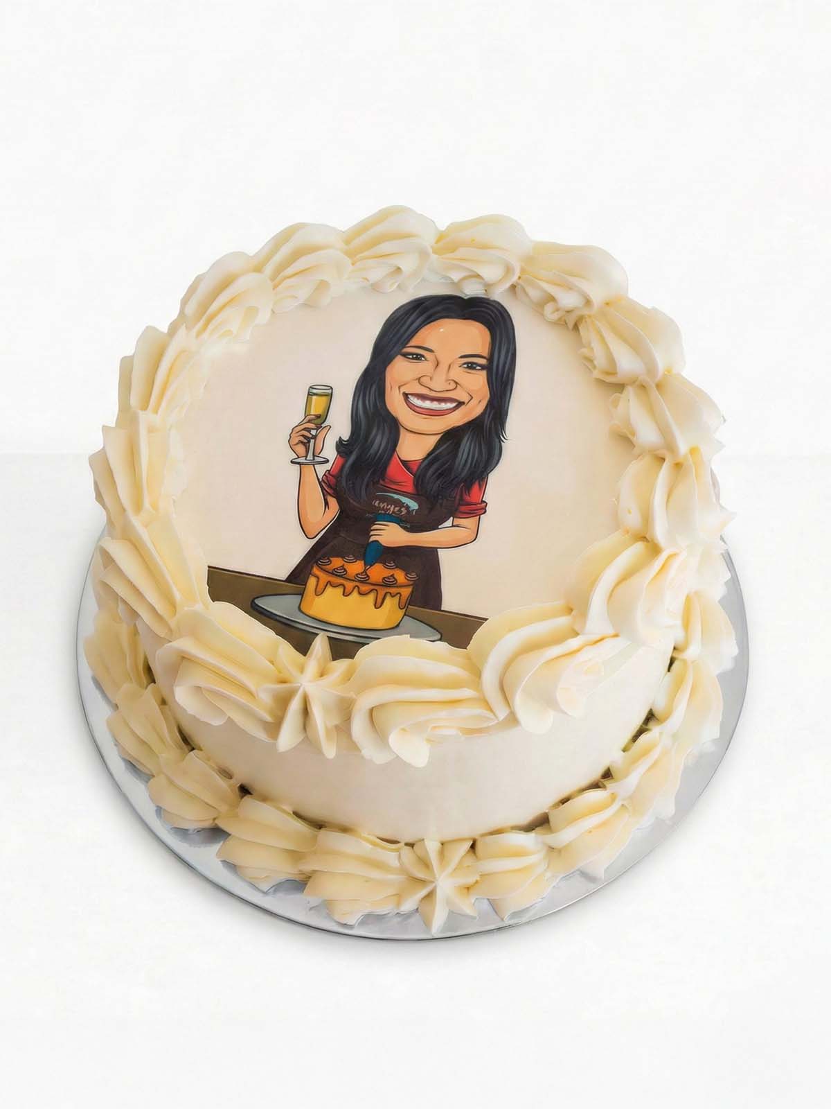 Decorative cake with a custom designed caricature of a woman on her birthday, delivered in London