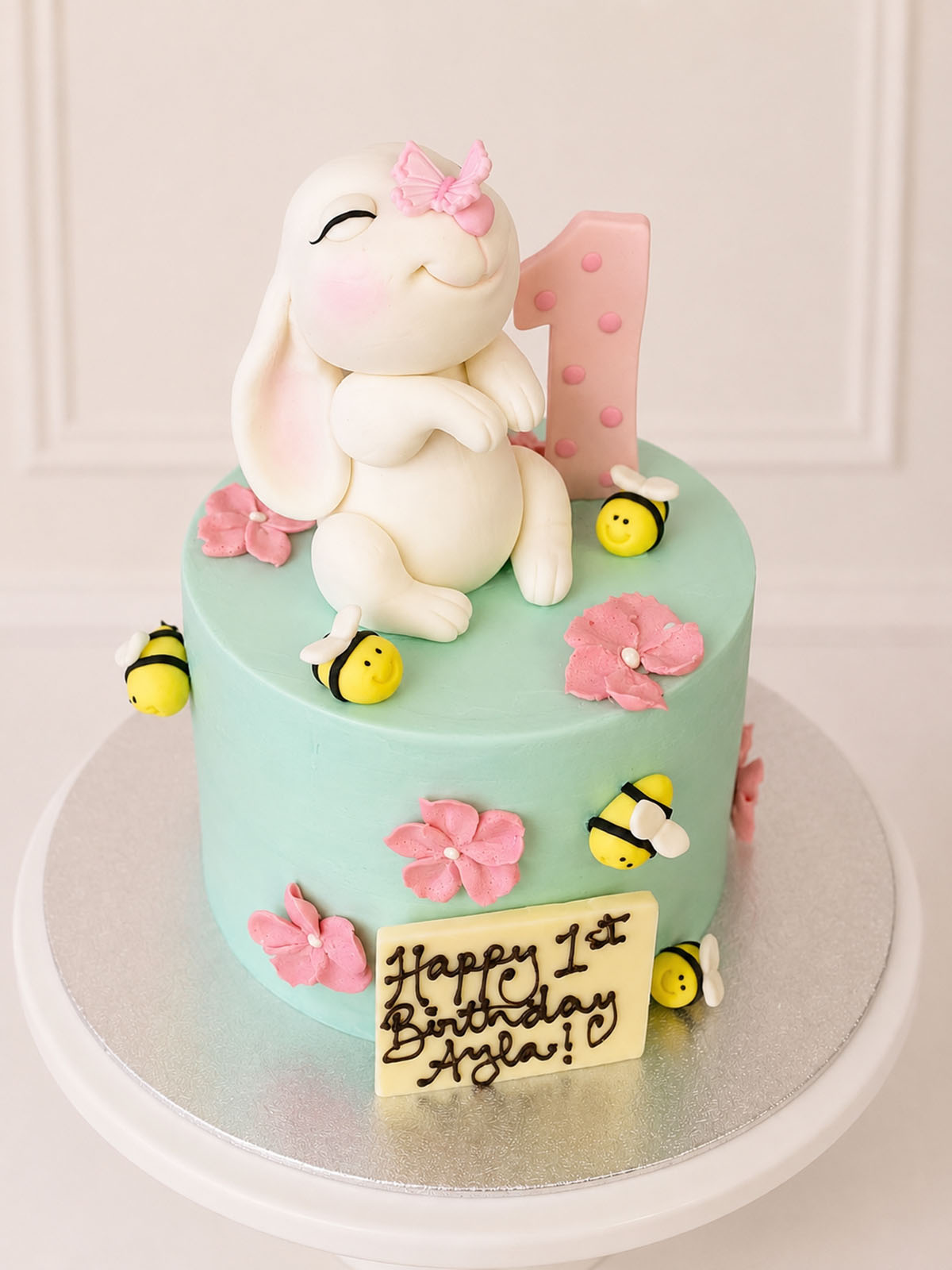 Custom Bunny and Bees 1st Birthday Cake delivered in London and Surrey