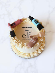 Corporate Cake with elf makeup products and text on a white background