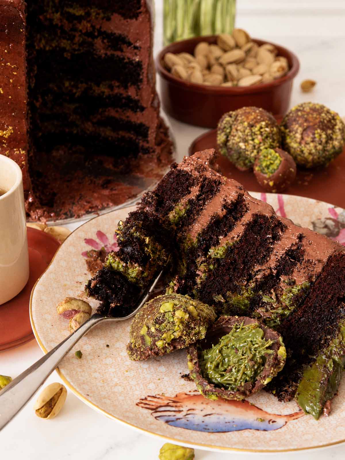 Dubai Chocolate cake with pistachio frosting made fresh to order. 