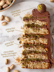 A slice of Dubai Chocolate Kunafa Cake with ingredient labels
