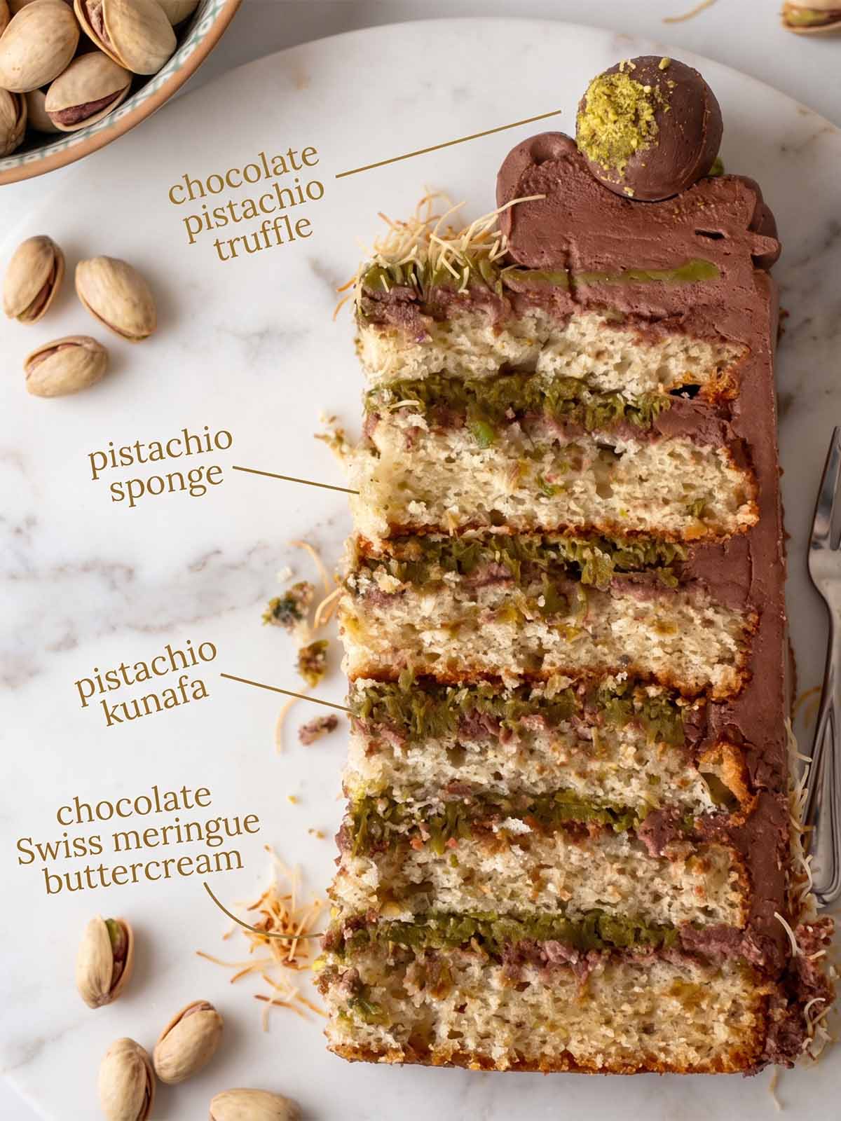 A slice of Dubai Chocolate Kunafa Cake with ingredient labels