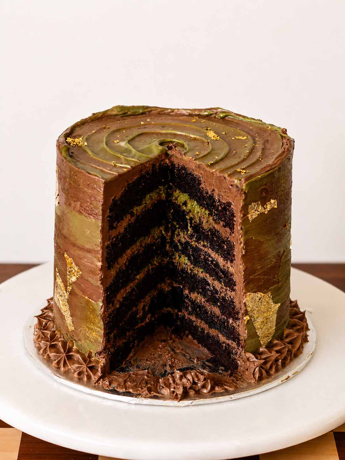 Interior of the Chocolate Pistachio Crunch Cake - Same day and Next Day