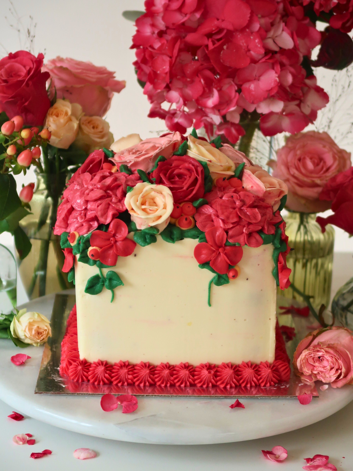 Ivory Buttercream Bloom Cube Cake delivered in London Surrey