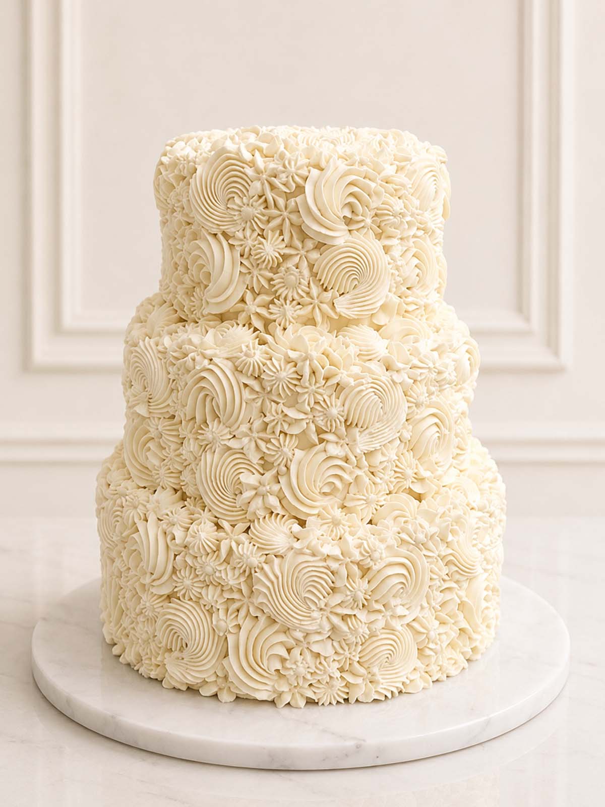 Ivory Flourish Wedding Cake made and delivered in London (M25) and Surrey, UK. 