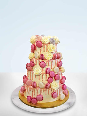 Midsummer Macarons and Roses Wedding Cake