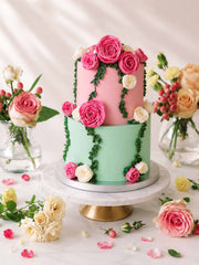 Two-tiered wedding cake with pink and green frosting, decorated with pink and white roses delivered in London and Surrey. 