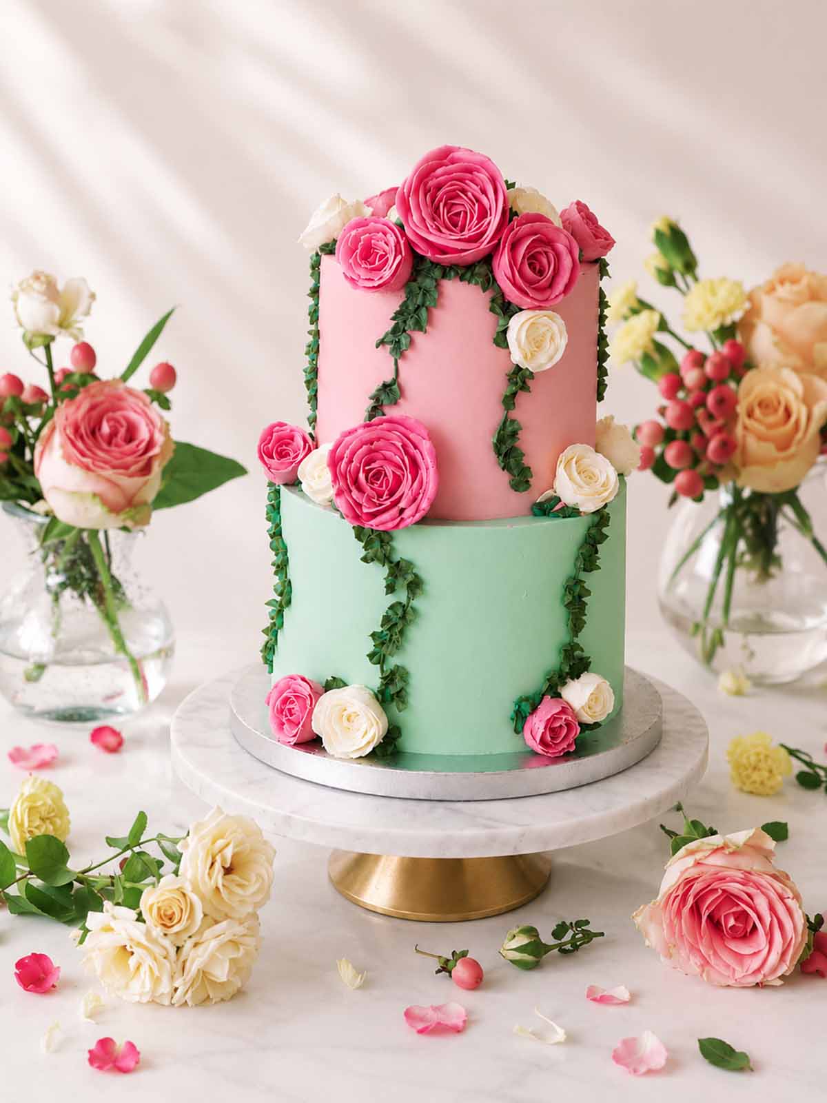 Two-tiered wedding cake with pink and green frosting, decorated with pink and white roses delivered in London and Surrey. 