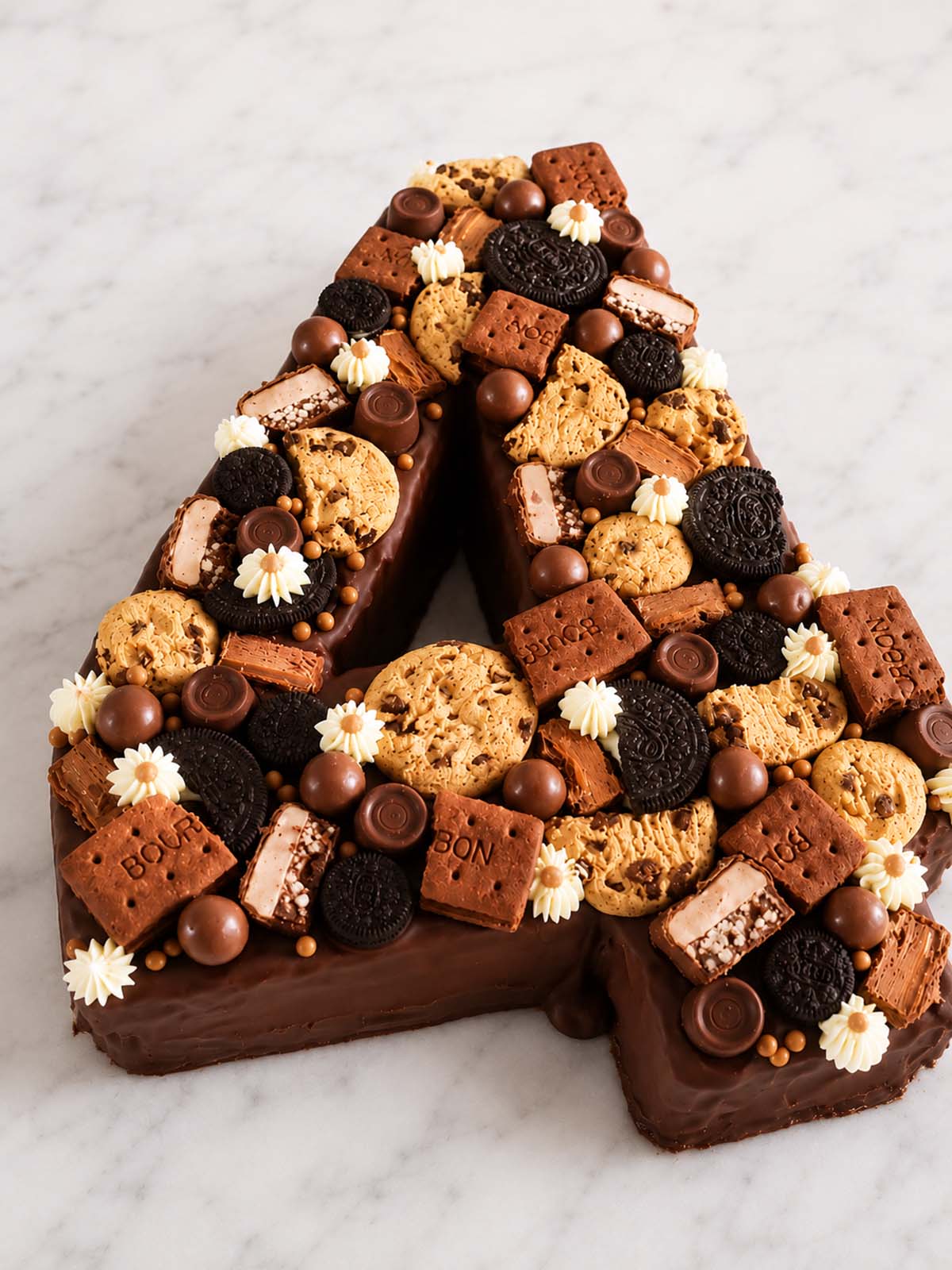 Letter '4' shaped cake made of various cookies and candies, handmade in London.