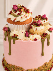 Close up of Rose Pistachio Raspberry Cake handmade in London