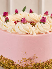 Close up of the Rose Pistachio Roseberry Birthday Cake Delivered in London (M25) and Surrey (UK). 