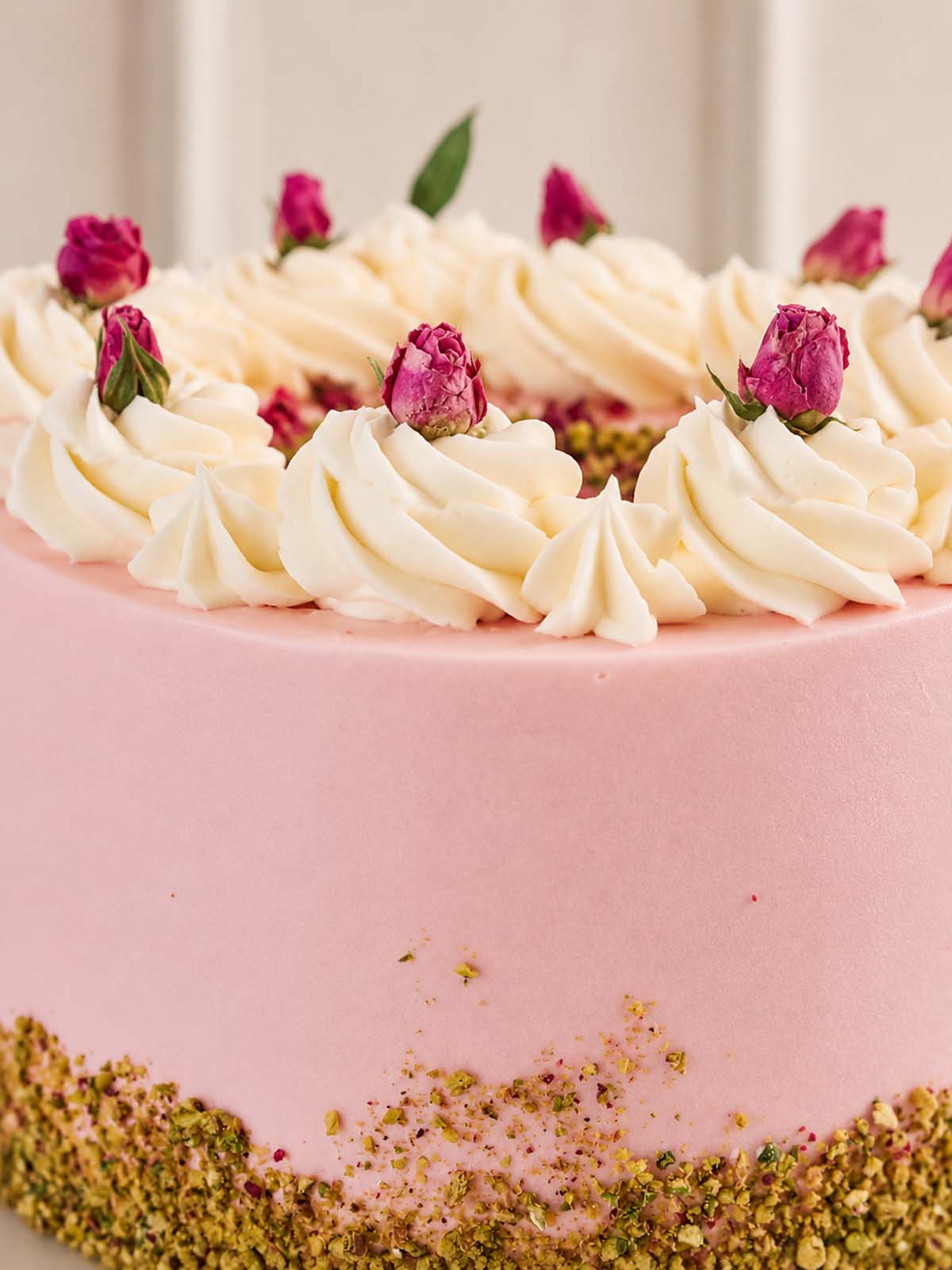 Close up of the Rose Pistachio Roseberry Birthday Cake Delivered in London (M25) and Surrey (UK). 