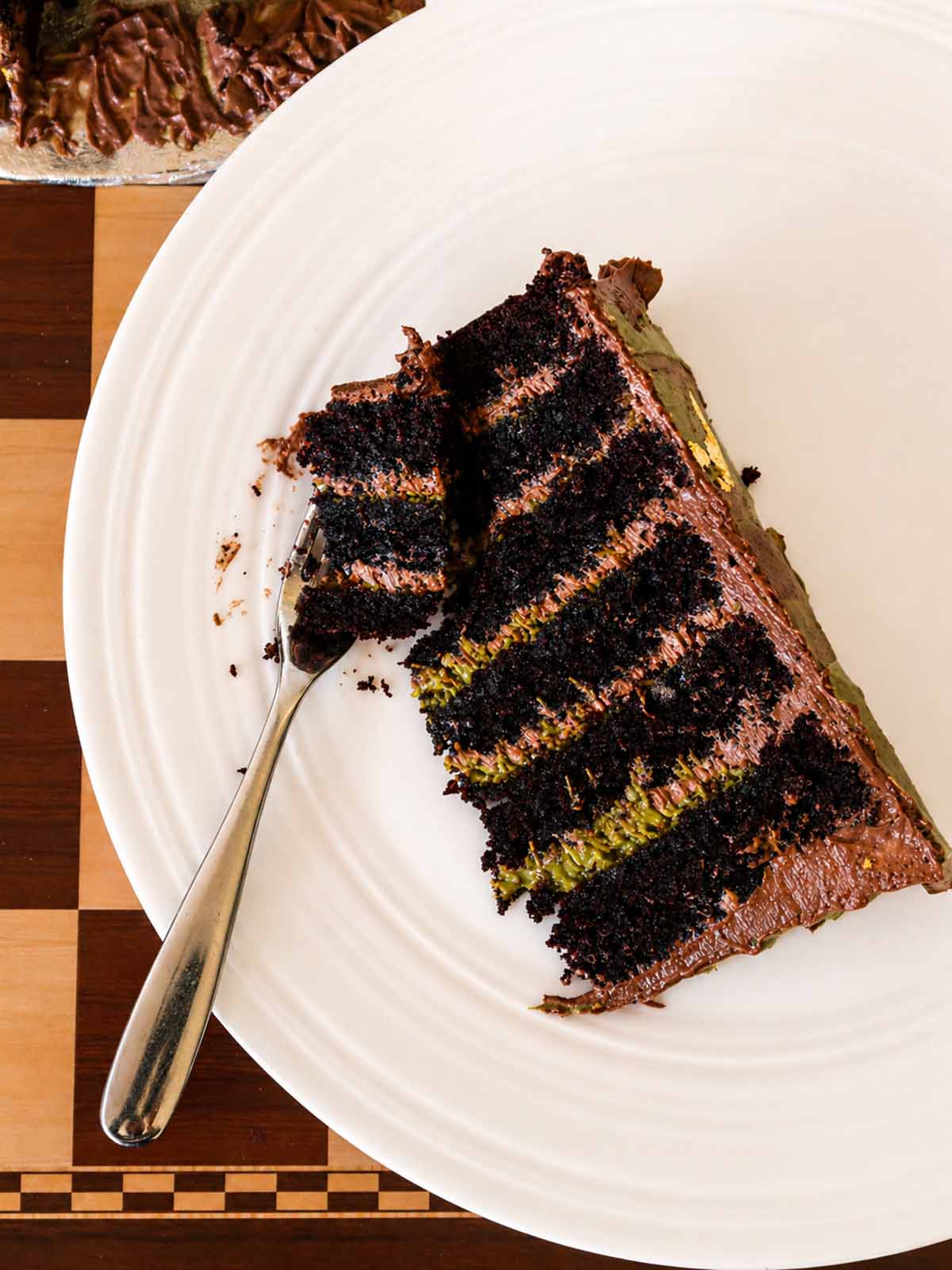 Chocolate Pistachio Crunch Mile High Cake