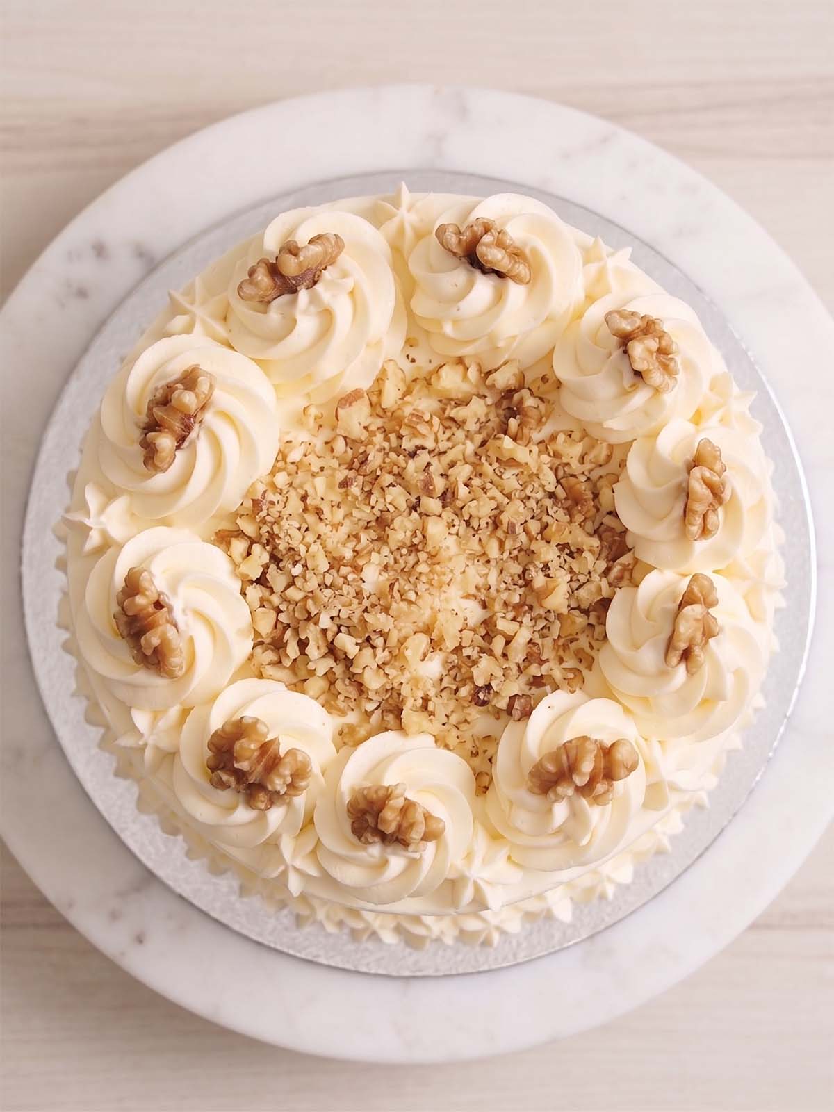 Top View of Carrot and Walnut Cake made in London and delivered for free within Greater London and Surrey, UK. 