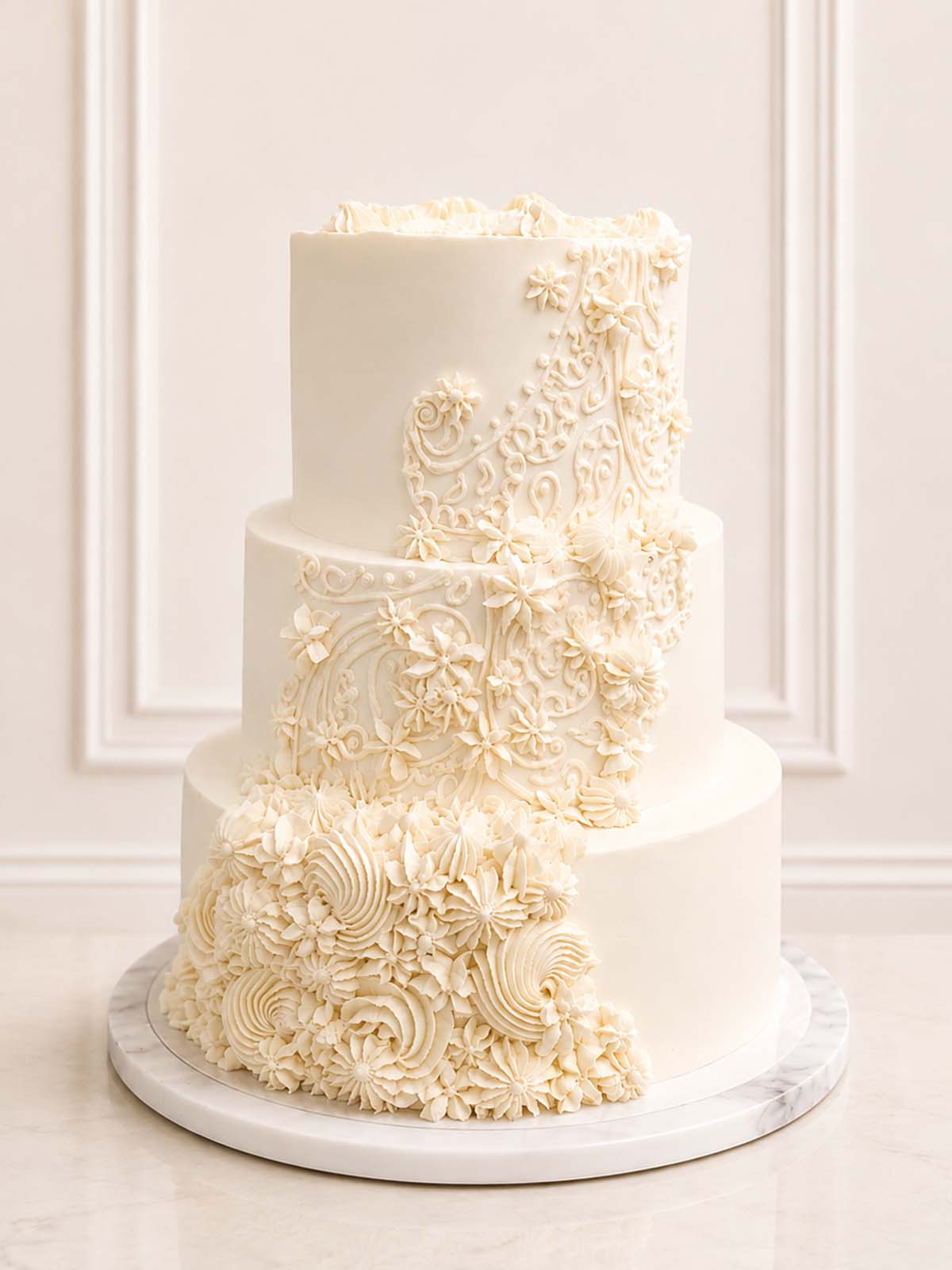 Three-tiered vintage lace wedding cake with intricate white floral designs delivered in London and Surrey