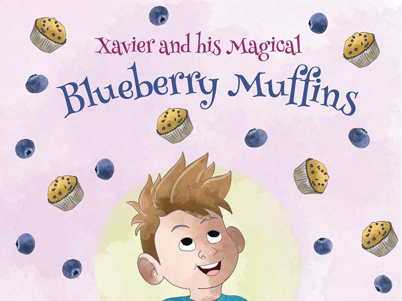 Xavier and his Magical Blueberry Muffins book cover with a boy looking up at floating muffins and blueberries