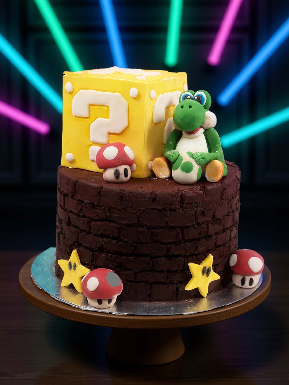 Cake with Yoshi and mushroom decorations in a Mario Theme