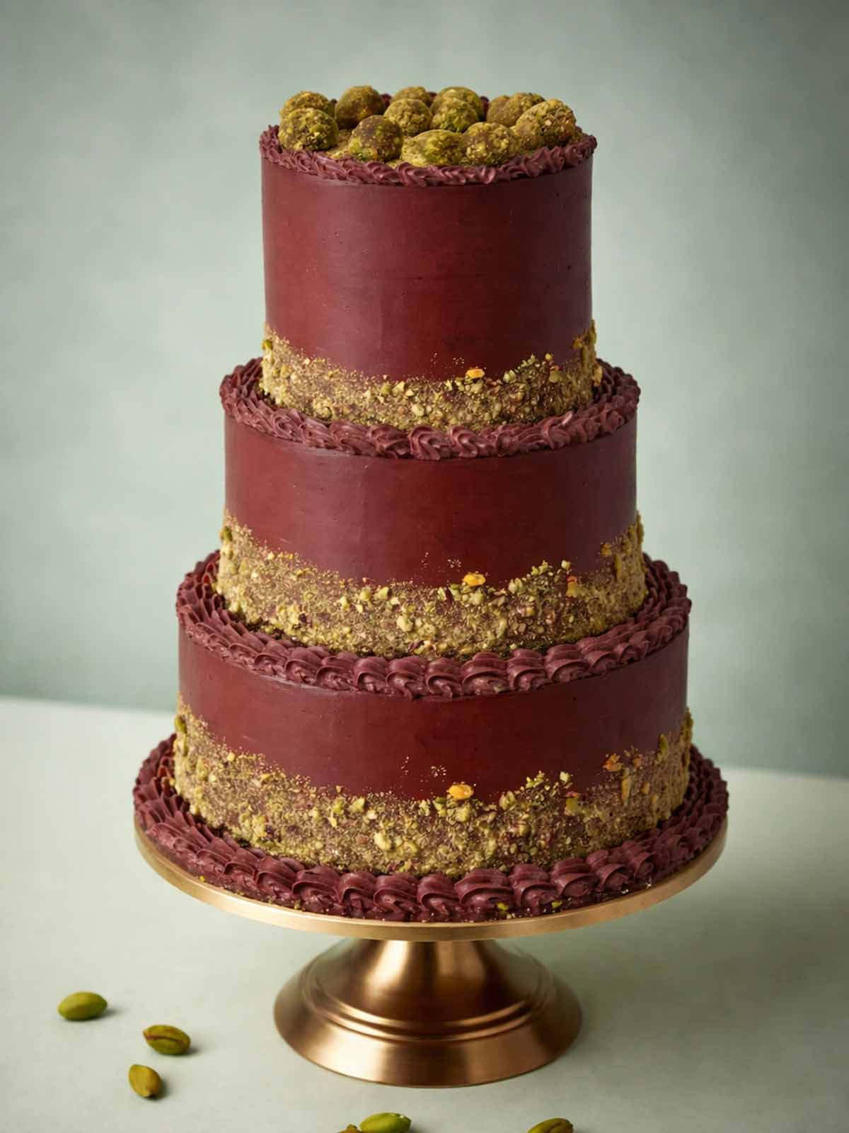 Artisan chocolate wedding cake with a unique pistachio nut coating and gold pedestal base, offering delivery to wedding locations throughout Surrey.