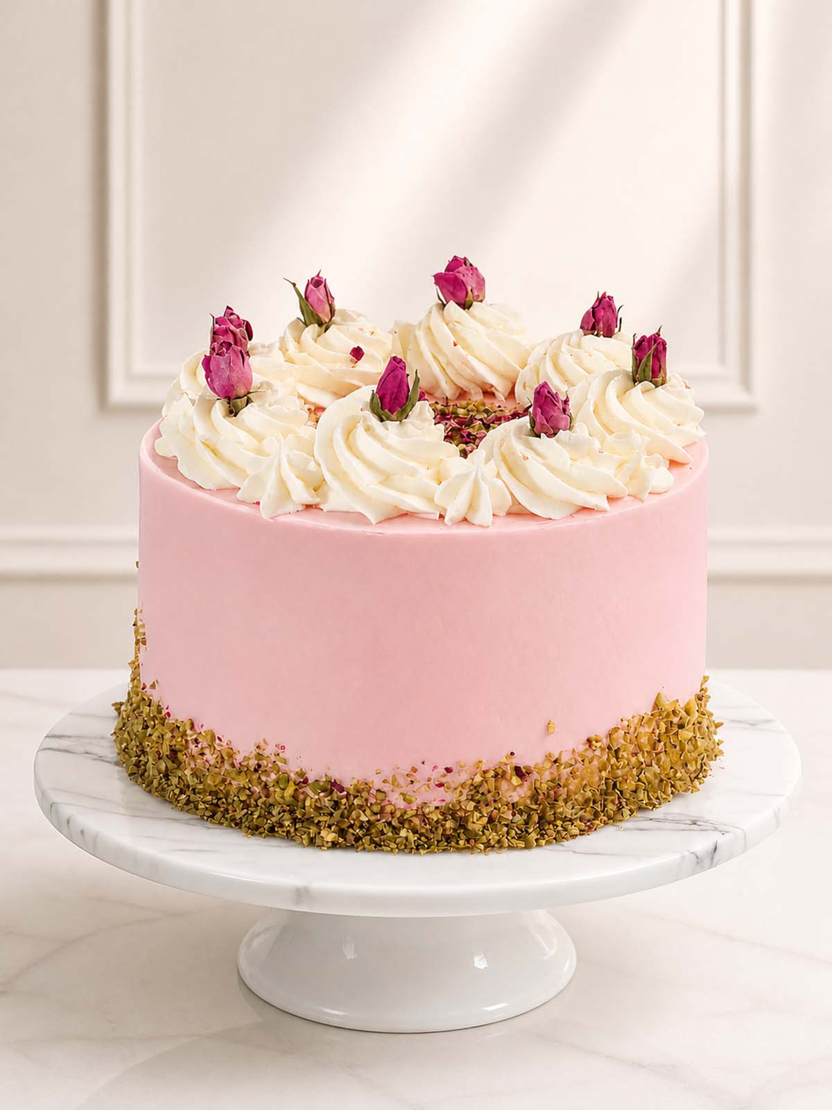 A refined botanical celebration cake featuring two layers of rose-infused pistachio sponge and blush-pink Swiss meringue buttercream. Decorated with romantic rosebuds, rose petals, crushed pistachios, and freeze-dried raspberries. Delivered in London.