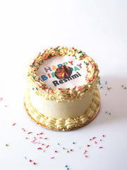 Personalised burn-away photo birthday cake with piped buttercream and birthday message.