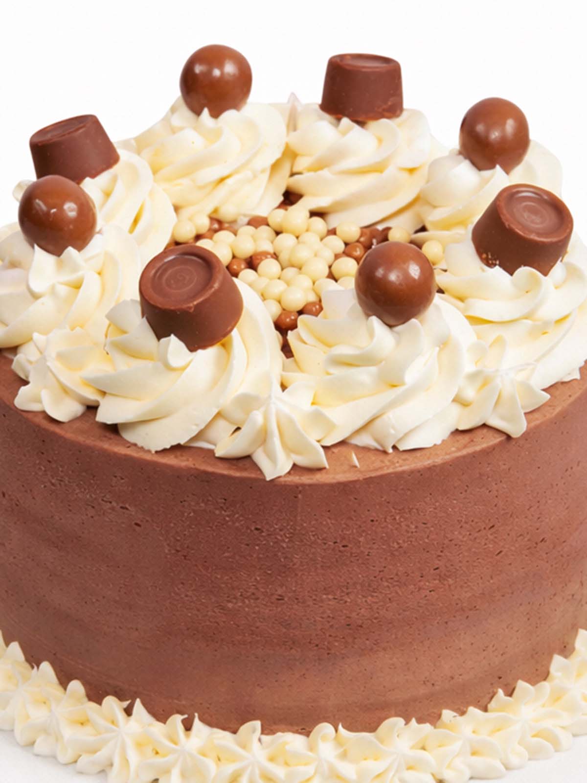 Chocolate devil’s food birthday cake showing dark chocolate buttercream finish, delivered in London